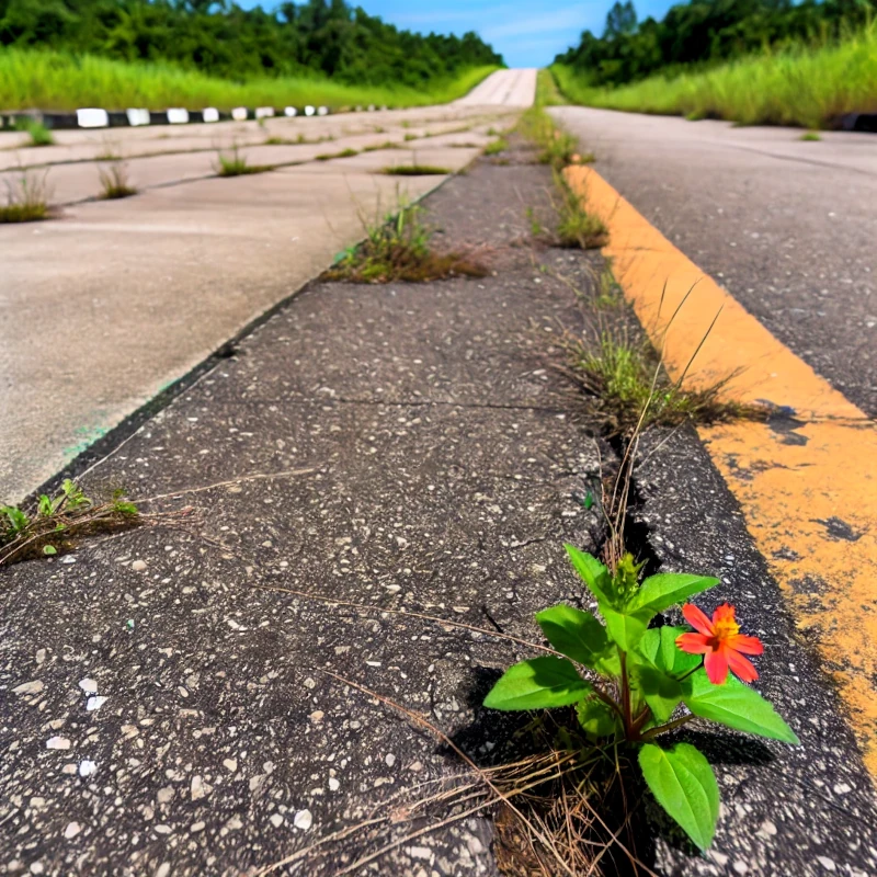 A road with plants growing through cracks, symbolizing green logistics and environmental sustainability.